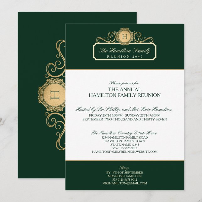 Invitation Elégante Green Gold Monogramme Famille Réunion (Devant / Derrière)
