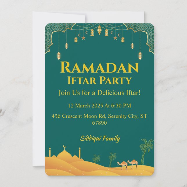 Invitation Elégante Green Gold Ramadan Iftar Party (Devant)