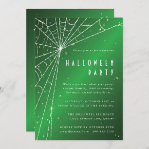 Invitation Elégante Green Sparkling Spider Web Halloween Part