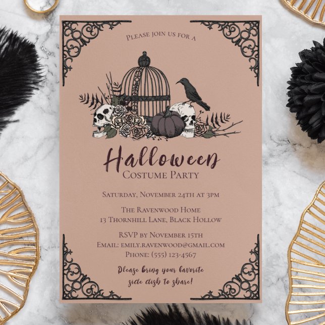 Invitation Élégante Halloween foncé Adulte Costume Party (Vintage Orange and Black Halloween Party Invitation. Hand Drawn Raven Pumpkin Skull Roses & Birdcage)