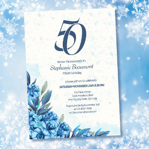 Invitation Elégante hiver Fleurs Bleues Bleues 50e anniversai