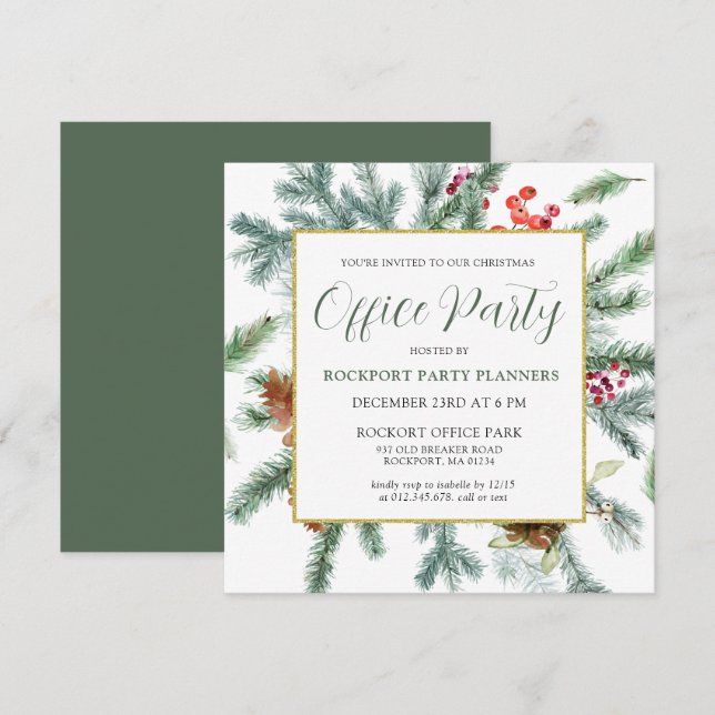 Invitation Elégante hiver verdure Noël Bureau fête (Devant / Derrière)