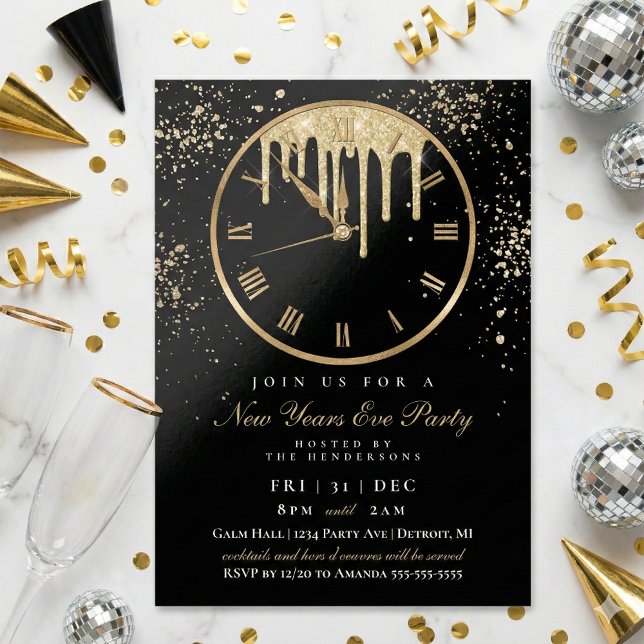 Invitation Élégante horloge à goutte Nouvel An Soirée Invitat (Elegant and Modern New Years Eve Party Clock Invitation)