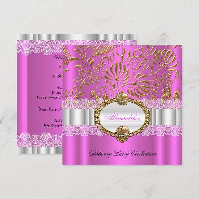 Invitation Elégante Hot Pink Gold Damask Lace Anniversaire (Devant / Derrière)