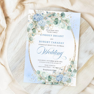 Invitation Élégante Hydrangea Bleue Blé Or Ovale Mariage