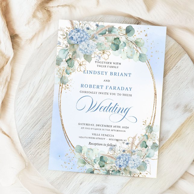 Invitation Élégante Hydrangea Bleue Blé Or Ovale Mariage   (Elegant Blue Hydrangea Wheat Gold Oval Wedding Invite)
