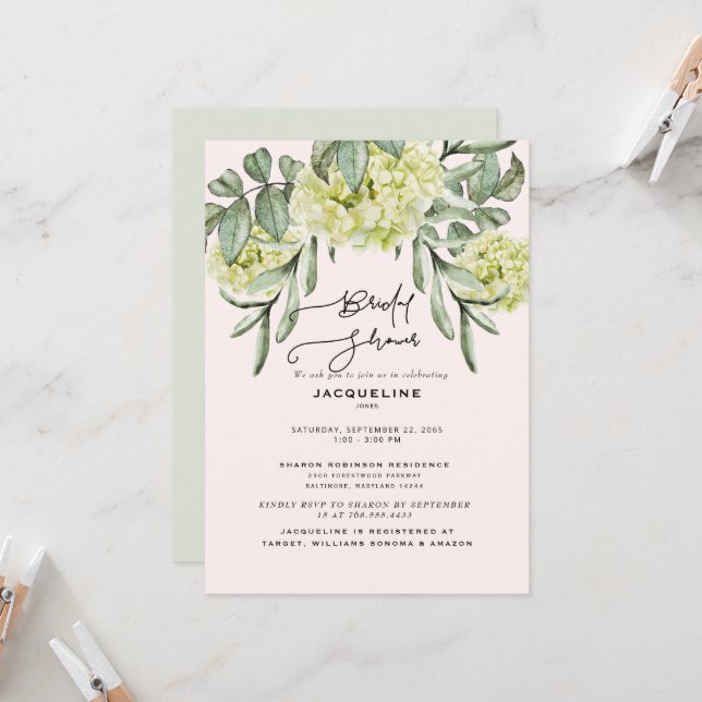 Invitation Elégante Hydrangea Blush & Mint Fête des mariées (Devant/Arrière en situation)