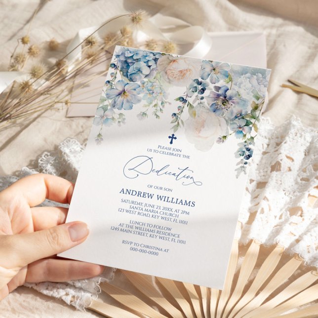 Invitation Élégante Hydrangée Bleue & Dédication Rose (Créateur téléchargé)