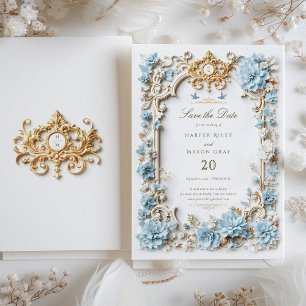 Invitation Elégante Hydrangée Bleue Dusty Faux Embossée