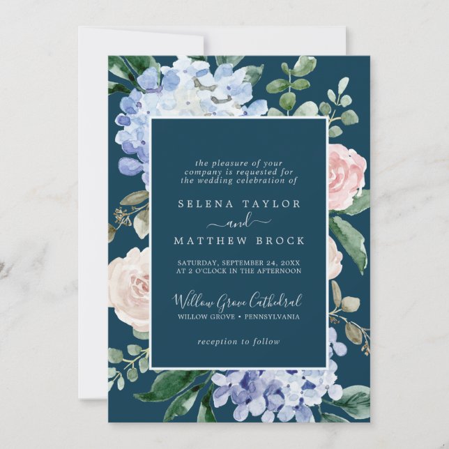 Invitation Elégante Hydrangée Bleue | Mariage officiel de la  (Devant)