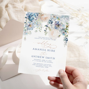 Invitation Elégante Hydrangée Bleue & Mariage Rose