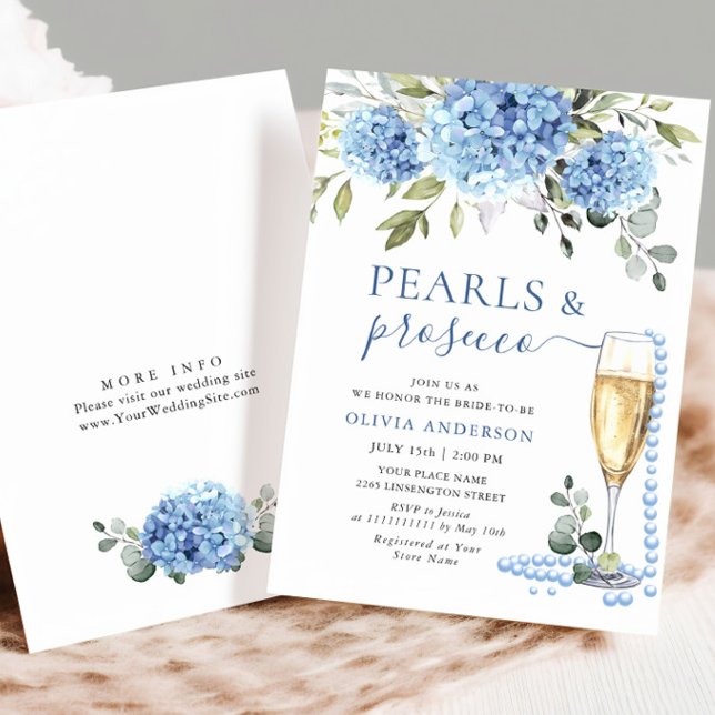 Invitation Elégante Hydrangée Bleue Perles Florales & Prosecc (Créateur téléchargé)