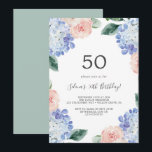 Invitation Elégante Hydrangée Bleue | White 50th Birthday Par<br><div class="desc">Cette élégante invitation à la fête du 50e anniversaire d'hydrangée bleue est parfaite pour une fête d'anniversaire de printemps ou d'été. Le design floral classique est composé d'hydrangées bleu poudre douce,  agrémentées de fleurs roses neutres et de feuilles verts.</div>