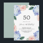 Invitation Elégante Hydrangée Bleue | White 50th Birthday Par<br><div class="desc">Cette élégante invitation à la fête du 50e anniversaire d'hydrangée bleue est parfaite pour une fête d'anniversaire de printemps ou d'été. Le design floral classique est composé d'hydrangées bleu poudre douce,  agrémentées de fleurs roses neutres et de feuilles verts.</div>