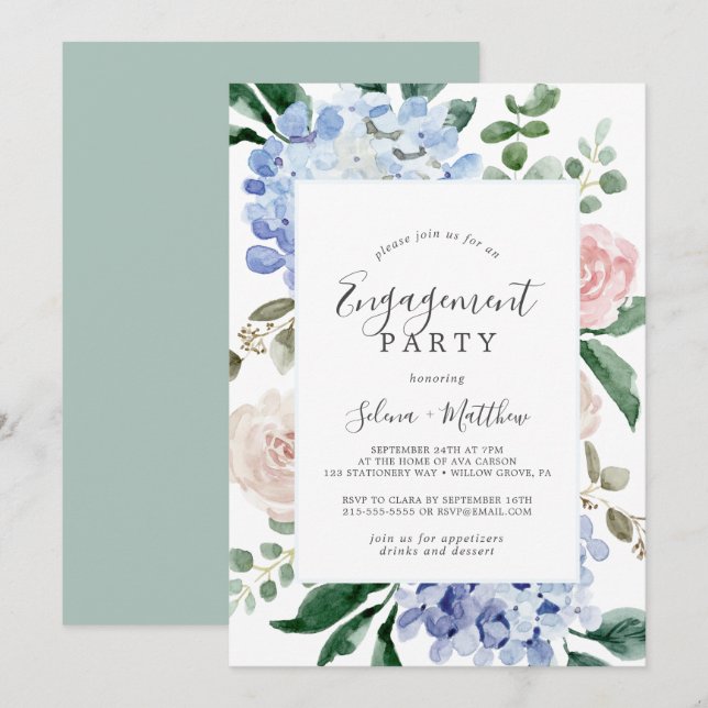 Invitation Elégante Hydrangée Bleue | White Engagement Party (Devant / Derrière)