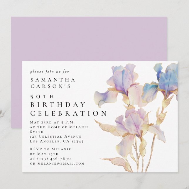 Invitation Elégante Iris Floral Aquarelle fête d'anniversaire (Devant / Derrière)