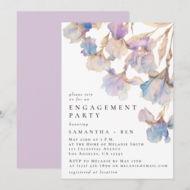Invitation Elégante Iris Floral Watercolor Engagement Party (Devant / Derrière)