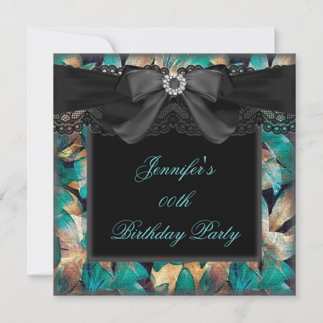 Invitation Elégante Jade Turquoise Floral Black dentelle fête (Devant)