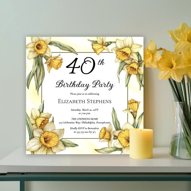 Invitation Élégante jonquille jaune 40e anniversaire floral (Elegant Yellow Daffodils Floral 40th Birthday Party Invitation -- Print | Download)