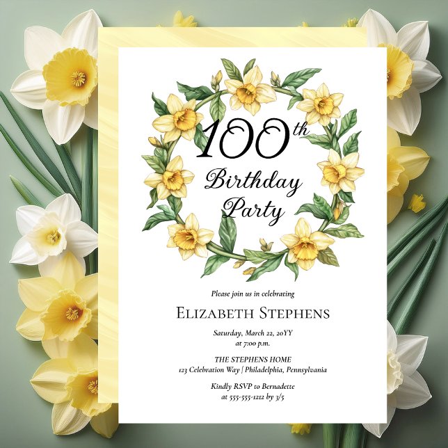 Invitation Élégante jonquille jaune Floral 100e anniversaire (Elegant Yellow Daffodils Floral 100th Birthday Party Invitation -- Print | Download)