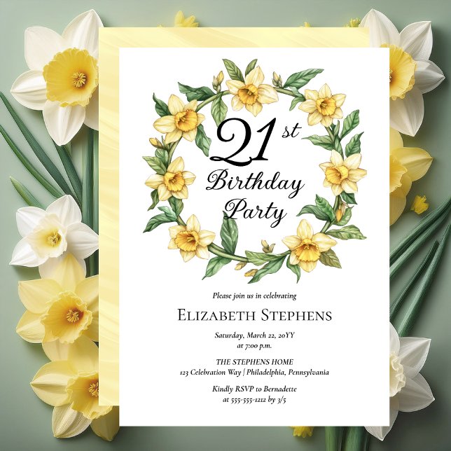 Invitation Élégante jonquille jaune Floral 21e anniversaire (Elegant Yellow Daffodils Floral 21st Birthday Party Invitation - Print and/or Digital Download)