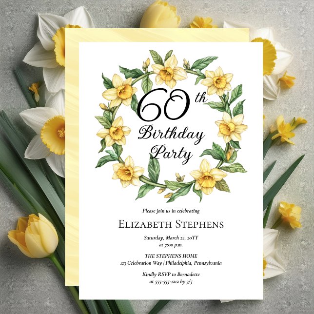 Invitation Élégante jonquille jaune Floral 60e anniversaire (Elegant Yellow Daffodils Floral 60th Birthday Party Invitation -- Print | Download)