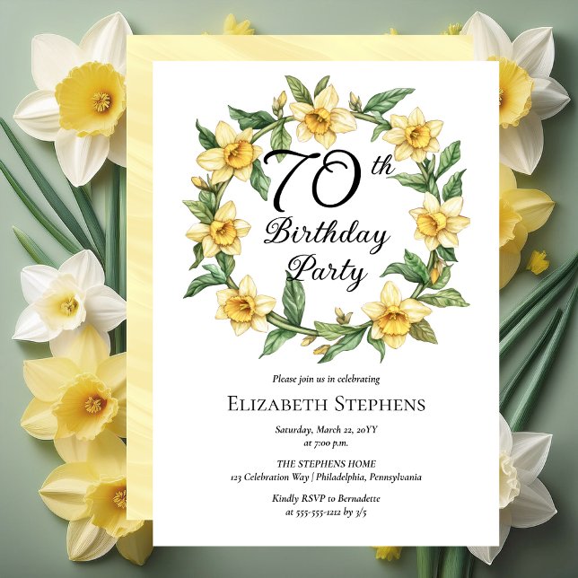 Invitation Élégante jonquille jaune Floral 70e anniversaire (Elegant Yellow Daffodils Floral 70th Birthday Party Invitation -- Print | Download)