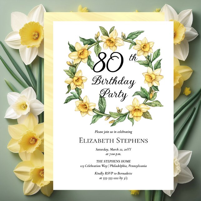 Invitation Élégante jonquille jaune Floral 80e anniversaire (Elegant Yellow Daffodils Floral 80th Birthday Party Invitation -- Print | Download)