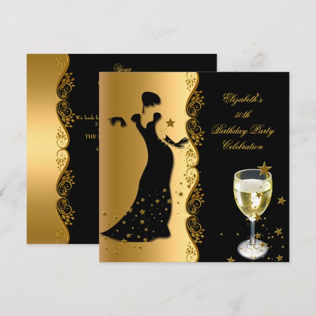 Invitation Elégante Lady 50e Anniversaire Soirée Gold Vin noi (Devant / Derrière)