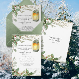 Invitation Élégante lanterne de Noël d'hiver Red Holly Mariag