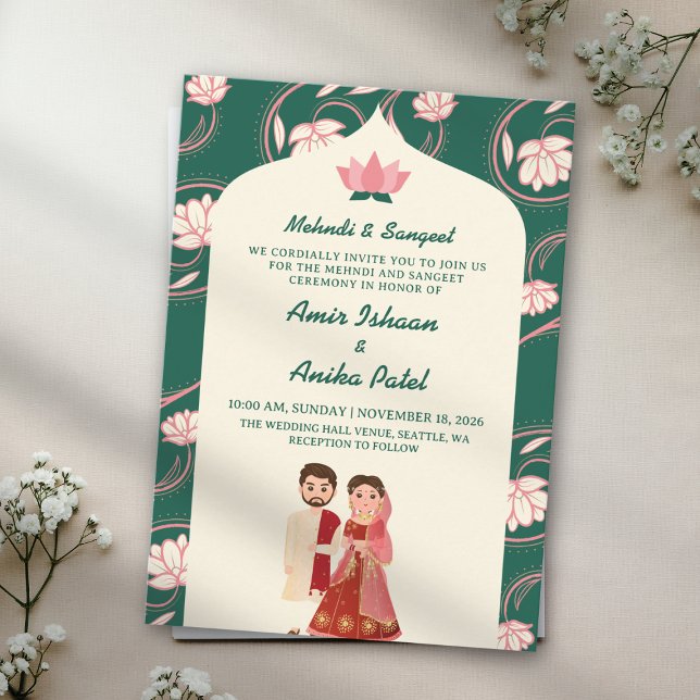 Invitation Élégante Lanternes Lotus Vert Mehndi Sangeet Indie (Créateur téléchargé)