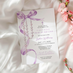 Invitation Élégante Lavande Bow & Rosaire Première Sainte Com