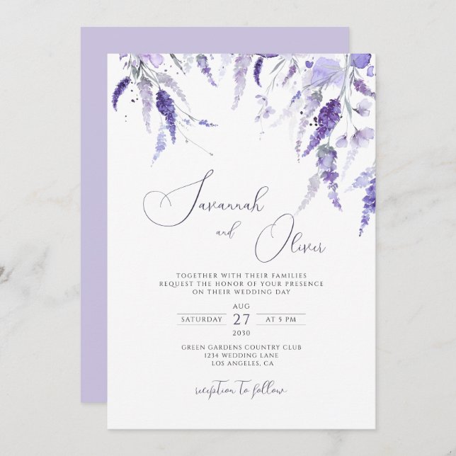 Invitation Élégante Lavande Dusty Purple Floral LilacMariage (Devant / Derrière)