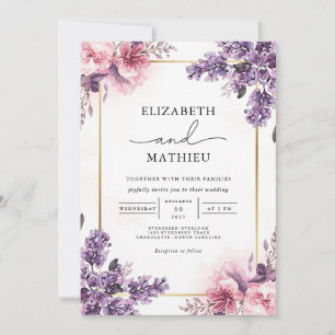 Invitation Élégante Lavande et Mariage floral rose