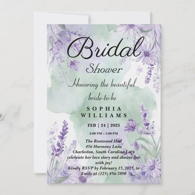 Invitation Élégante Lavande Florale Douche nuptiale Invitatio (Devant)