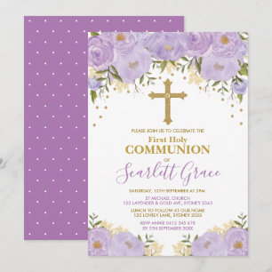 Invitation Élégante Lavande & Or Floral Sainte Communion