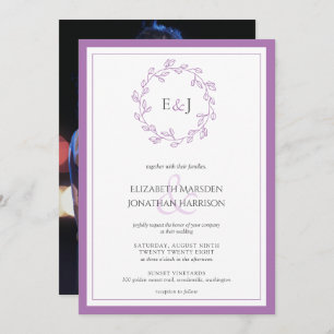 Invitation Élégante Lavande Photo Monogramme Wreath