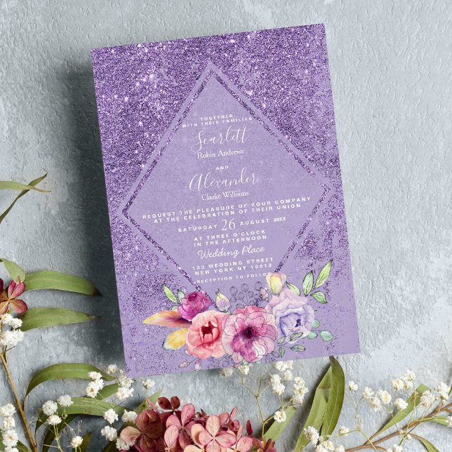 Invitation Elégante lavande rose parties scintillant Mariage  (Elegant pink lavender glitter floral Wedding )