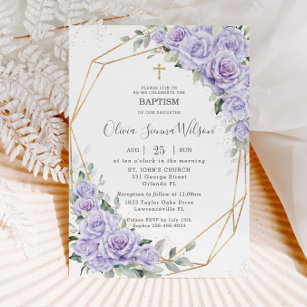 Invitation Élégante Lavande Violette Baptême Floral Christeni