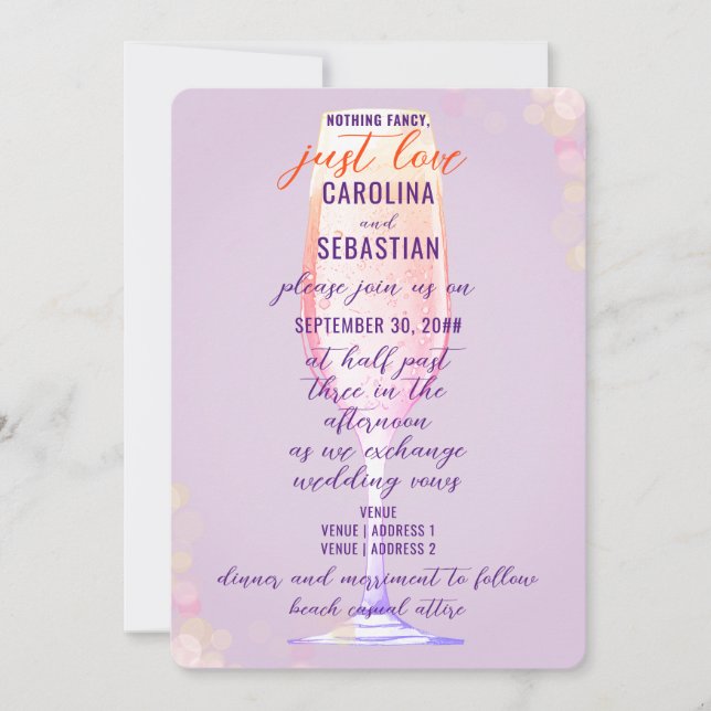 Invitation Élégante Lavande violette Bubbly Mariage champagne (Devant)