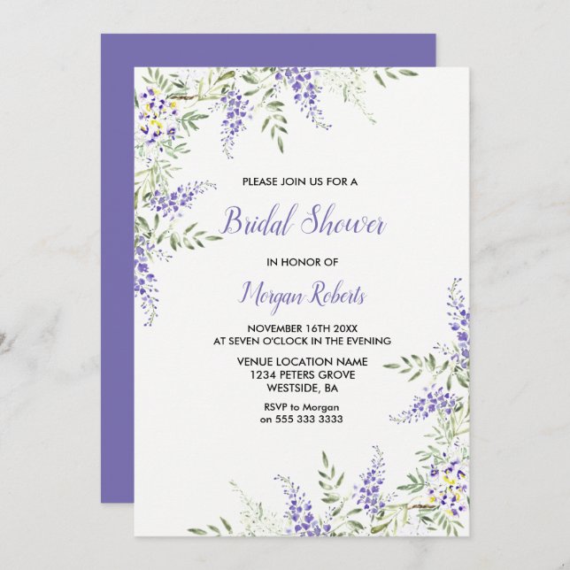 Invitation Élégante Lavande violette Fête des mariées florale (Devant / Derrière)