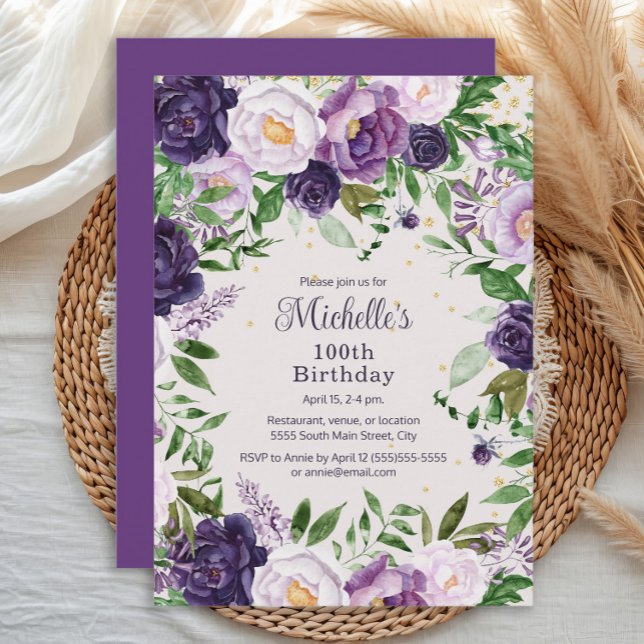 Invitation Élégante Lavande violette Flore 100e anniversaire (Elegant purple and lavender watercolor floral women's 100th birthday party invitation)