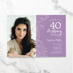 Invitation Élégante Lavande violette photo florale 40e annive<br><div class="desc">Lavande fleurie violet invitation à la fête du 40e anniversaire avec votre photo sur le devant de la carte. Design moderne élégant avec accents de dessin botanique et police de script de typographie. Carte invitation simple et tendance, parfaite pour une célébration anniversaire élégante. Peut être customisé à n'importe quel âge....</div>