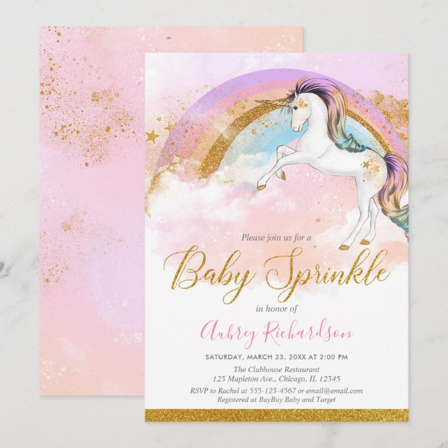 Invitation Élégante licorne bébé saupoudrer fille pastel arc- (Devant / Derrière)
