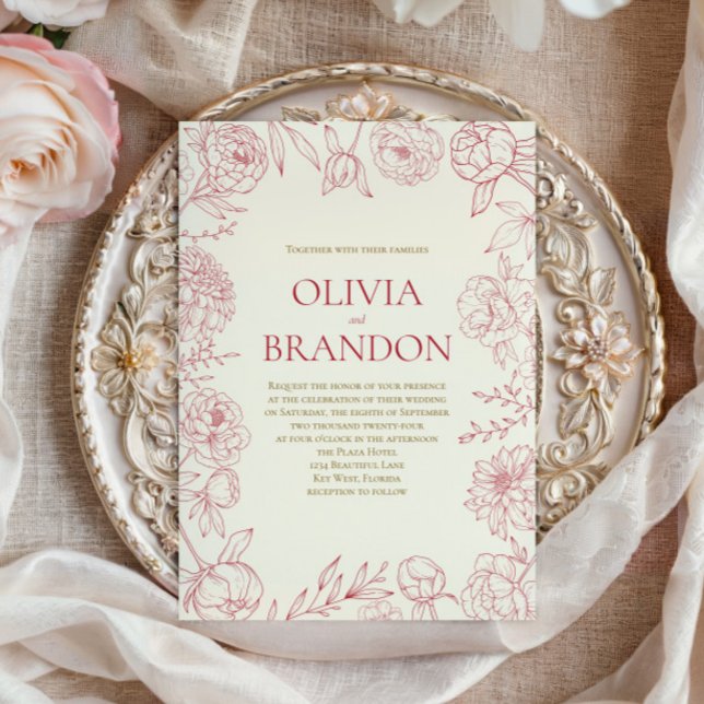 Invitation Élégante ligne artistique de mariage de pivoine ro (Créateur téléchargé)