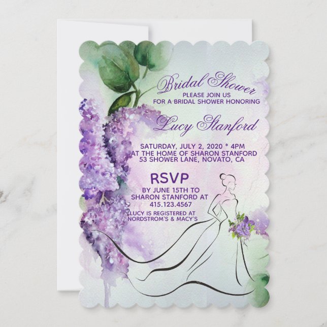 Invitation Elégante Lilac Fleurs de nuptiale Douche Invitatio (Devant)