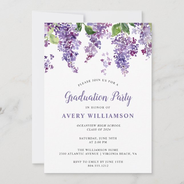 Invitation Élégante Lilac Floral Graduation Party (Devant)