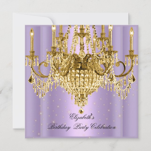 Invitation Elégante Lilac Gold Chandelier fête d'anniversaire (Devant)