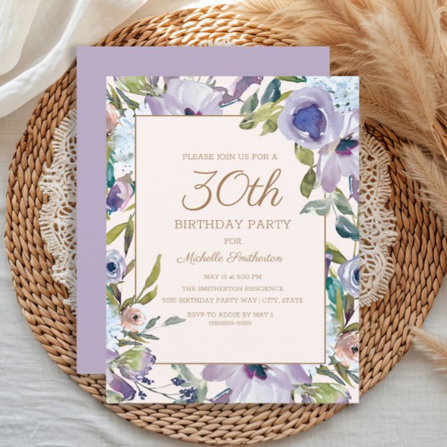 Invitation Elégante Lilac Purple Floral Greenery 30e annivers (Elegant purple watercolor floral 30th birthday party invitation)