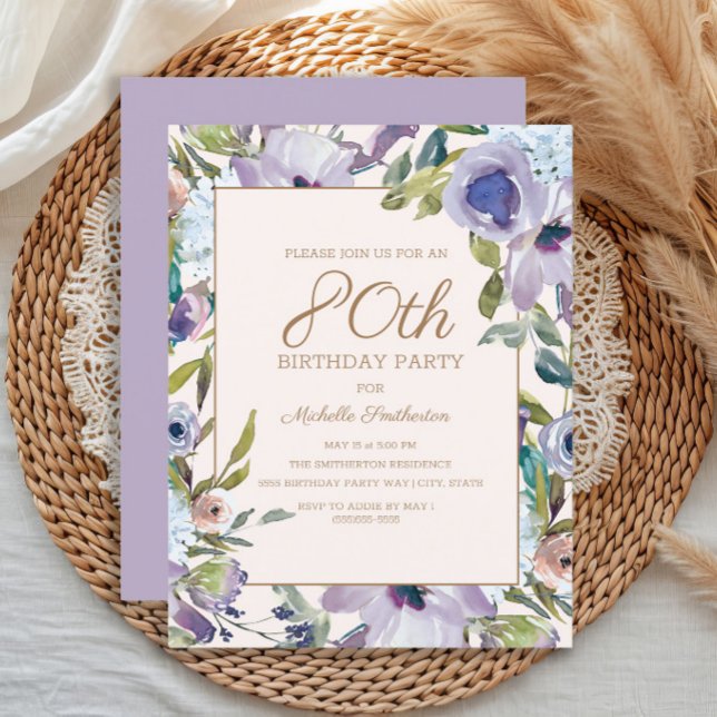 Invitation Elégante Lilac Purple Floral Greenery 80e annivers (Purple watercolor floral 80th birthday party invitation)